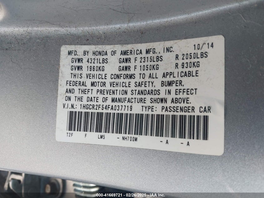 2015 HONDA ACCORD VIN: 1HGCR2F54FA037719