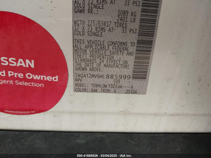 2017 NISSAN ROGUE SV - 5N1AT2MV6HC885999