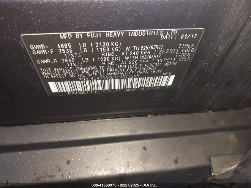 2017 Subaru Outback 2.5I Premium VIN: 4S4BSACC1H3326295 Lot: 41669975