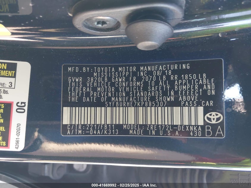 2019 TOYOTA COROLLA VIN: 5YFBURHE7KP885307
