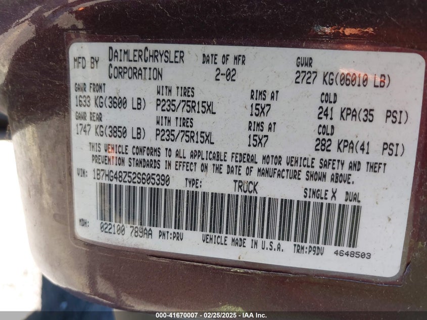 2002 Dodge Dakota Slt VIN: 1B7HG48Z52S605390 Lot: 41670007