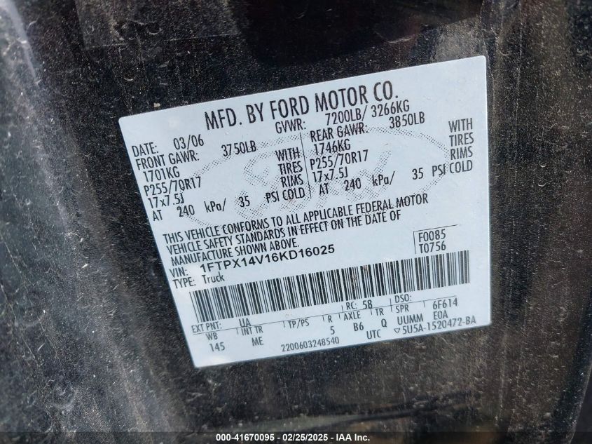 2006 Ford F-150 Fx4/Lariat/Xl/Xlt VIN: 1FTPX14V16KD16025 Lot: 41670095