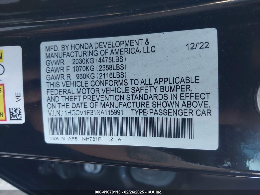 2022 HONDA ACCORD VIN: 1HGCV1F31NA115991