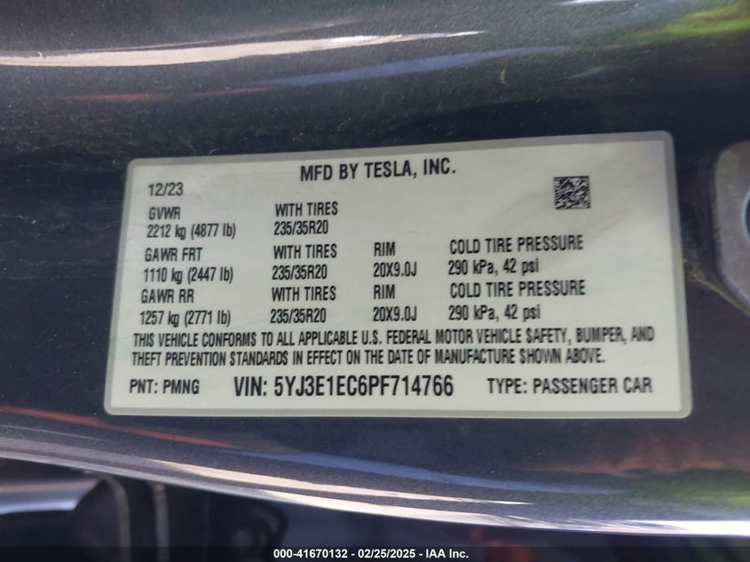 2023 TESLA MODEL 3 VIN: 5YJ3E1EC6PF714766
