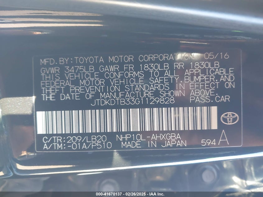 2016 TOYOTA PRIUS C VIN: JTDKDTB33G1129828