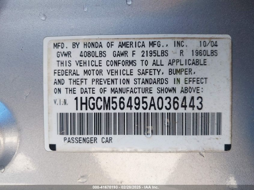 2005 Honda Accord 2.4 Lx VIN: 1HGCM56495A036443 Lot: 41670193