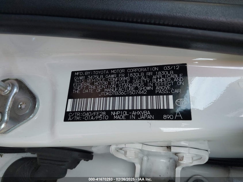 2012 TOYOTA PRIUS C VIN: JTDKDTB36C1507442