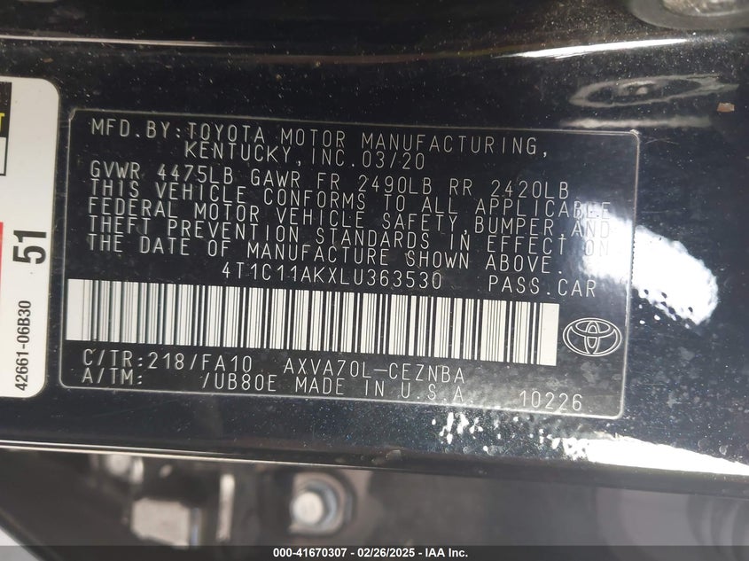 2020 TOYOTA CAMRY VIN: 4T1C11AKXLU363530
