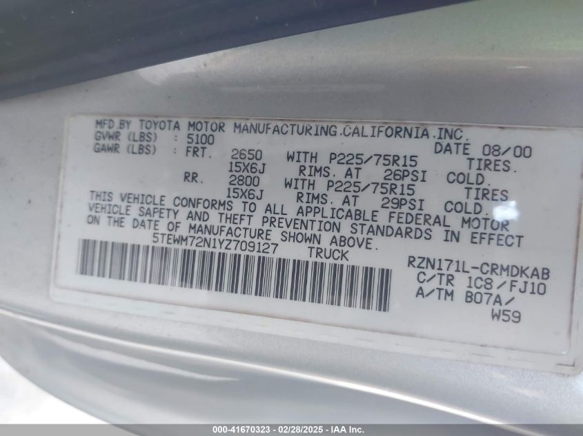 2000 Toyota Tacoma VIN: 5TEWM72N1YZ709127 Lot: 41670323