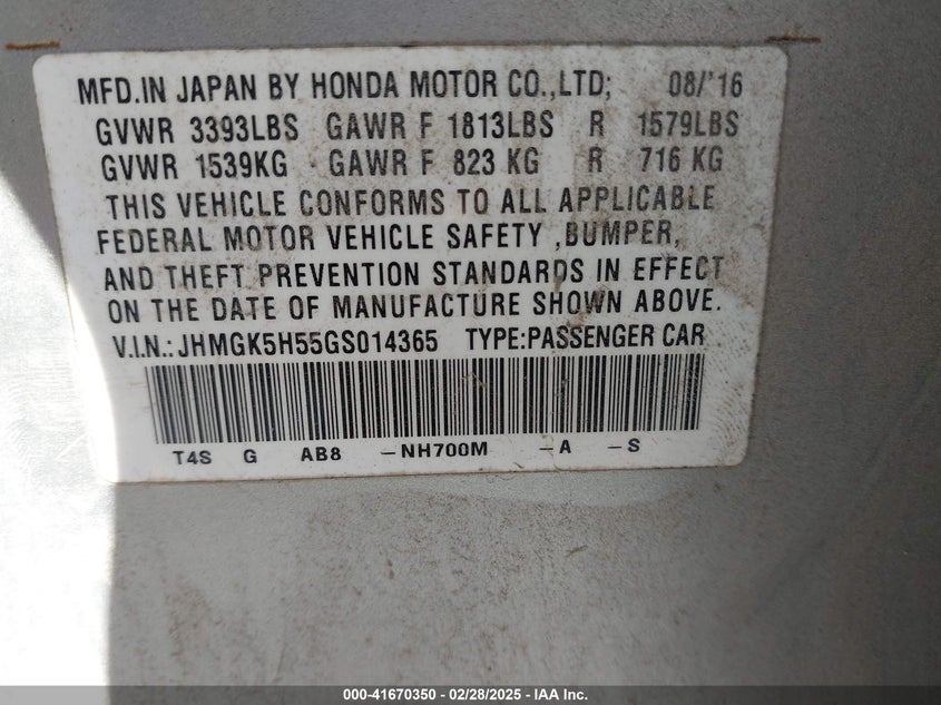 2016 HONDA FIT LX - JHMGK5H55GS014365