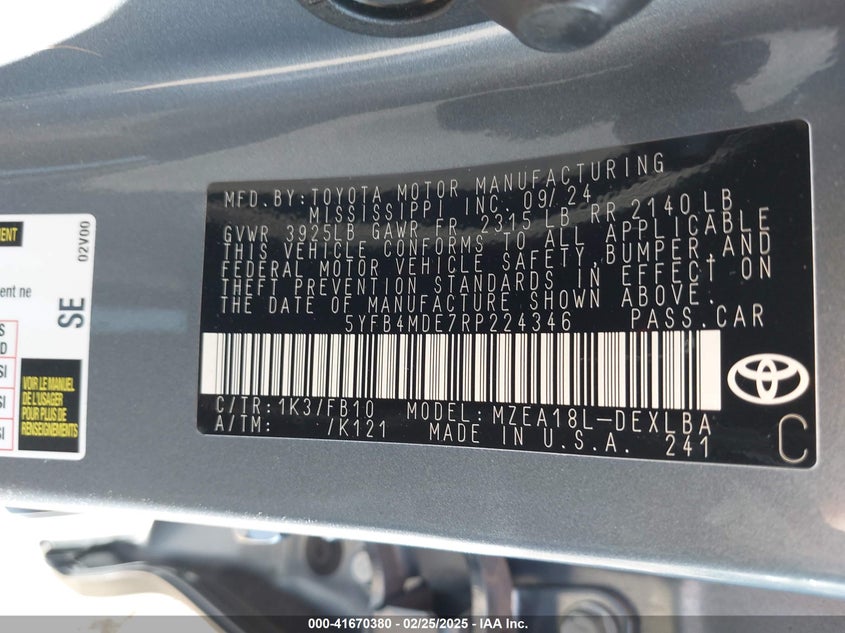 2024 TOYOTA COROLLA VIN: 5YFB4MDE7RP224346