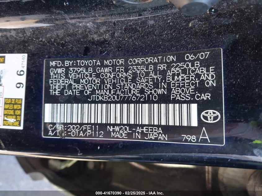 2007 TOYOTA PRIUS VIN: JTDKB20U777672110