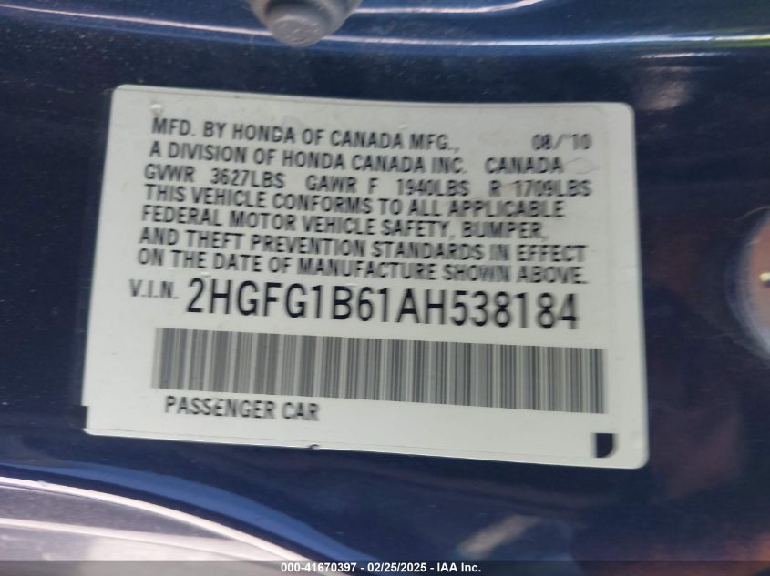2010 Honda Civic Lx VIN: 2HGFG1B61AH538184 Lot: 41670397