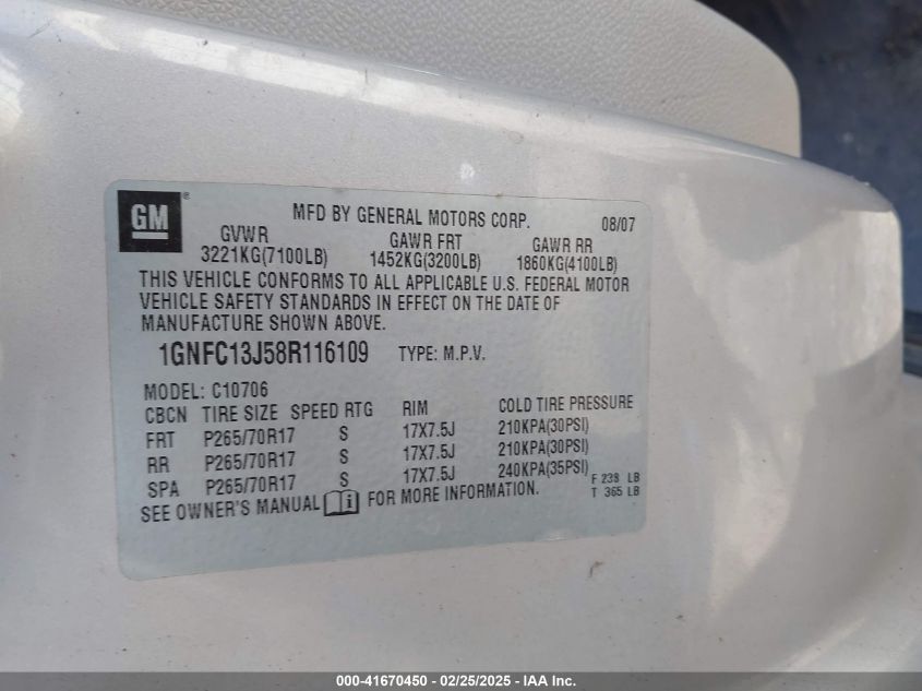 2008 Chevrolet Tahoe Lt VIN: 1GNFC13J58R116109 Lot: 41670450