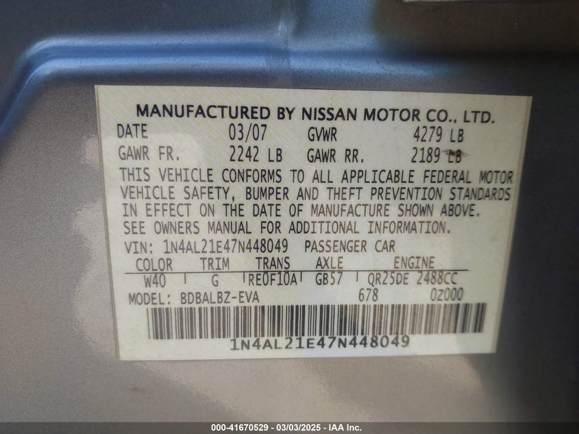 2007 NISSAN ALTIMA VIN: 1N4AL21E47N448049