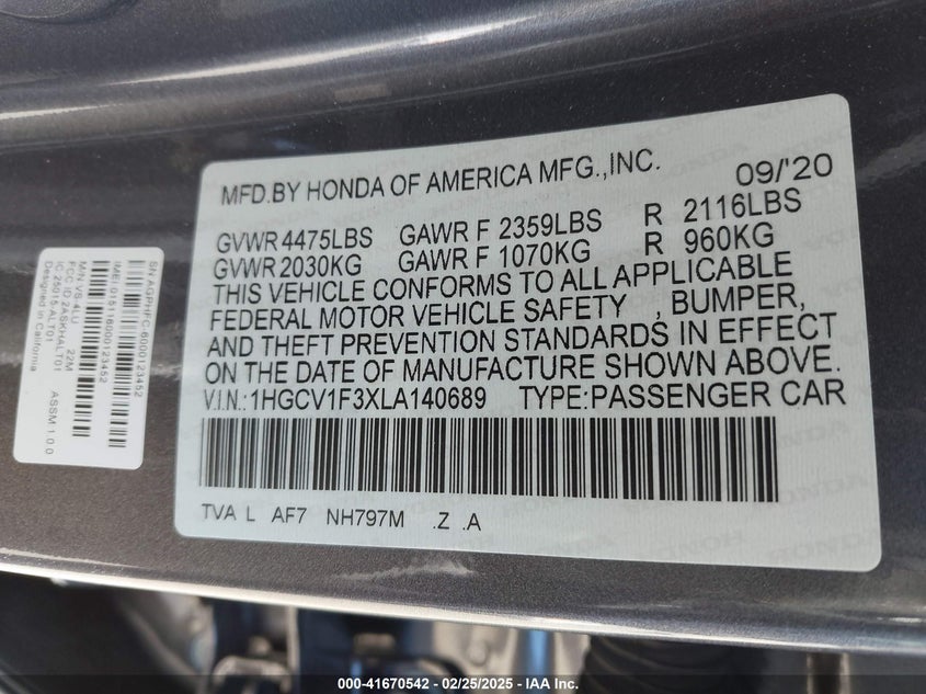 2020 HONDA ACCORD VIN: 1HGCV1F3XLA140689