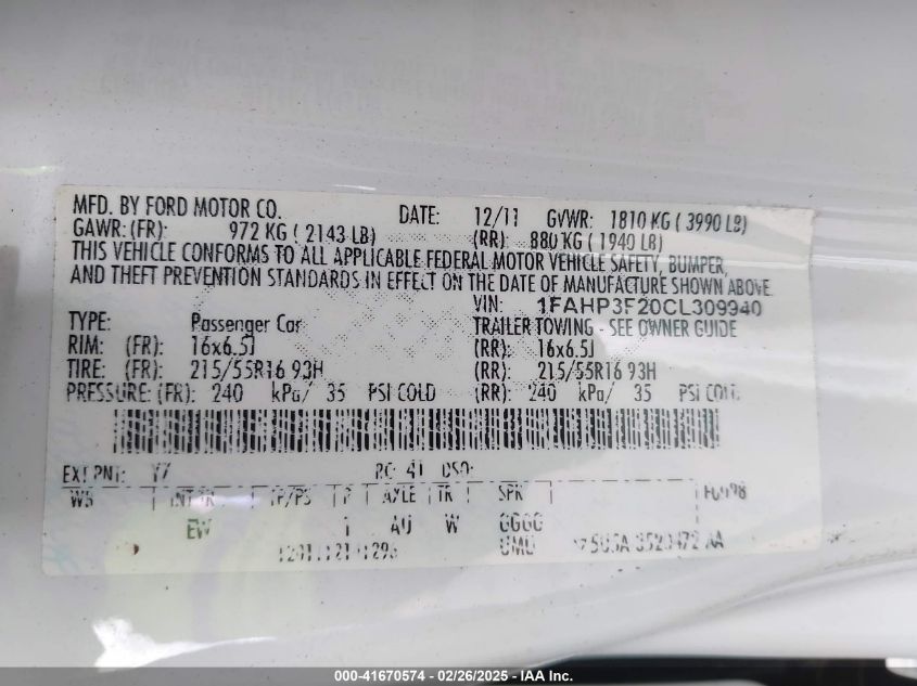 2012 Ford Focus Se VIN: 1FAHP3F20CL309940 Lot: 41670574