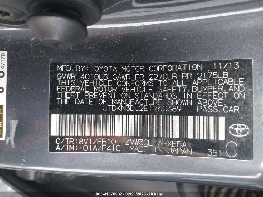 2014 Toyota Prius Two VIN: JTDKN3DU2E1760389 Lot: 41670582