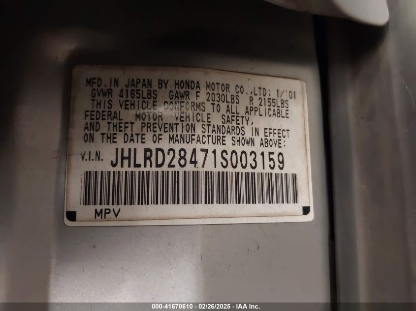 2001 Honda Cr-V Lx VIN: JHLRD28471S003159 Lot: 41670610