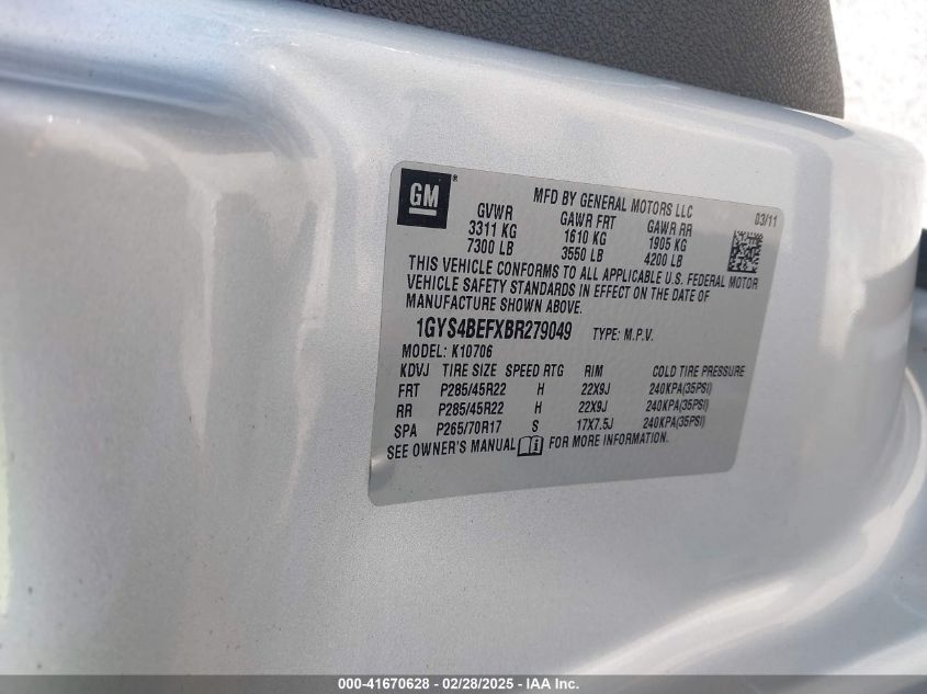2011 Cadillac Escalade Luxury VIN: 1GYS4BEFXBR279049 Lot: 41670628