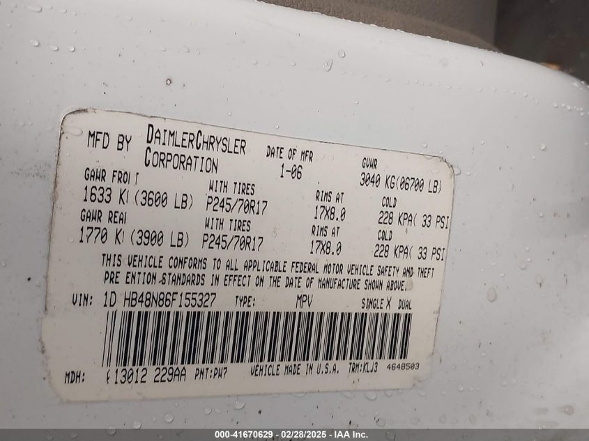 2006 Dodge Durango Slt VIN: 1D4HB48N86F155327 Lot: 41670629