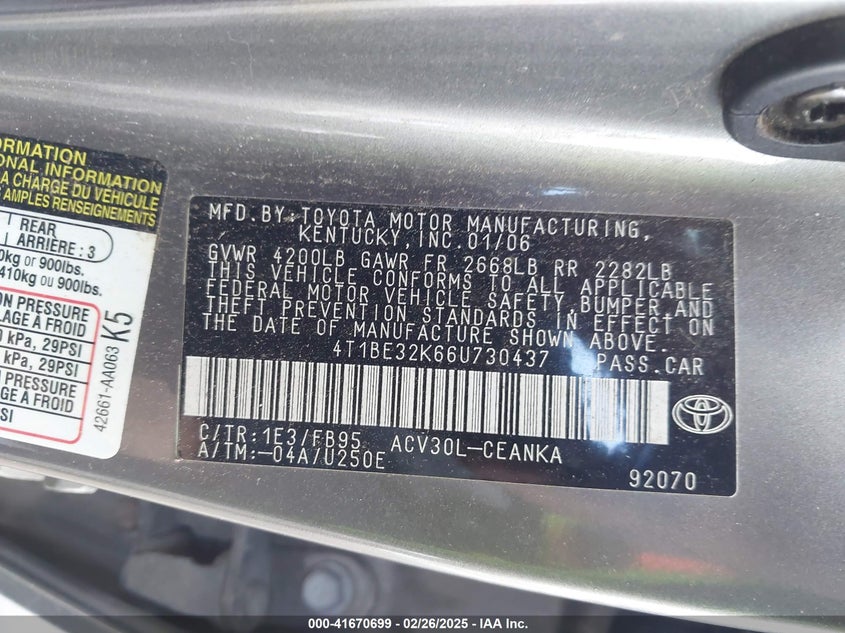 2006 TOYOTA CAMRY VIN: 4T1BE32K66U730437