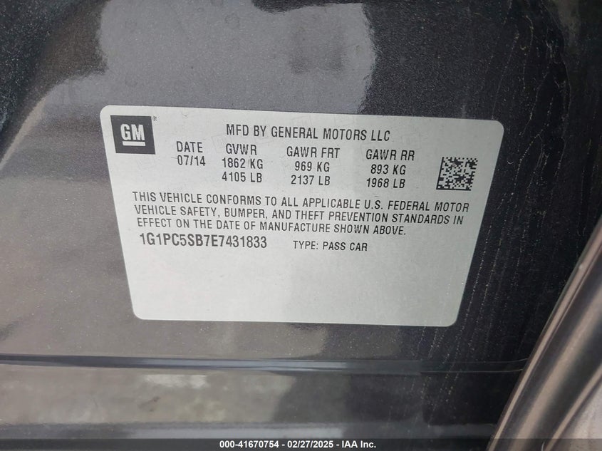 2014 CHEVROLET CRUZE VIN: 1G1PC5SB7E7431833
