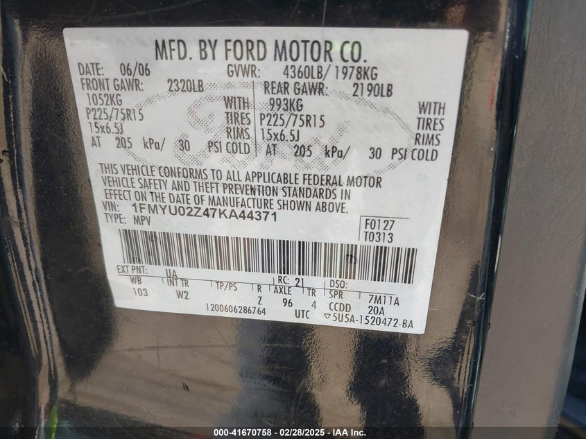 2007 FORD ESCAPE VIN: 1FMYU02Z47KA44371