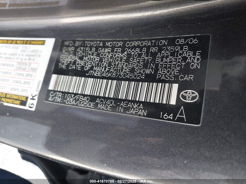 2007 TOYOTA CAMRY VIN: JTNBE46K873045024