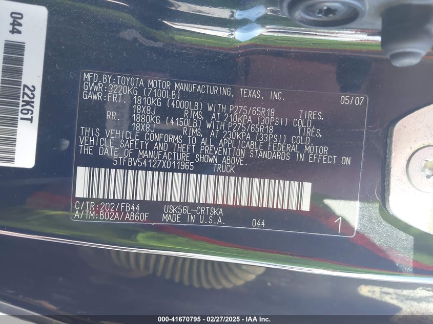 2007 TOYOTA TUNDRA VIN: 5TFBV54127X011965