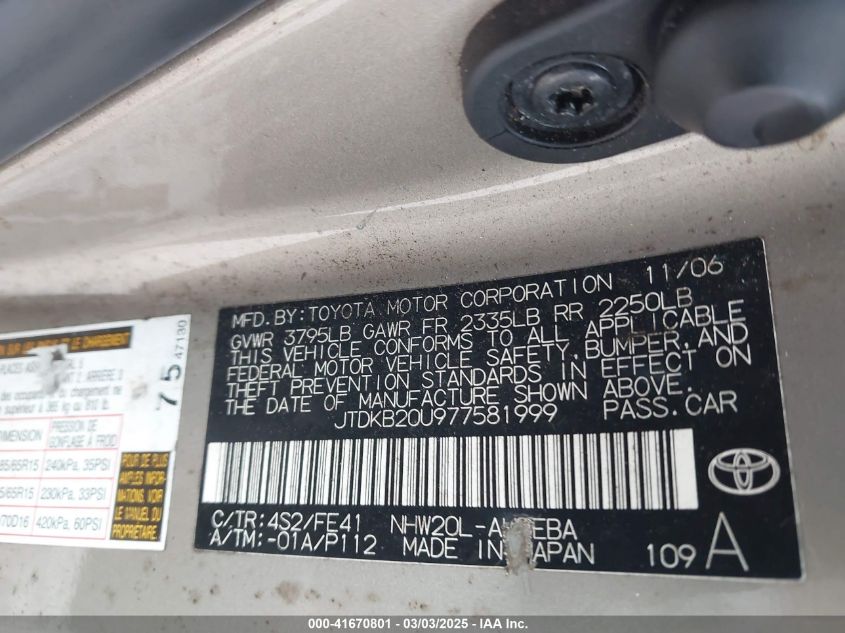 2007 Toyota Prius VIN: JTDKKB20U97758199 Lot: 41670801