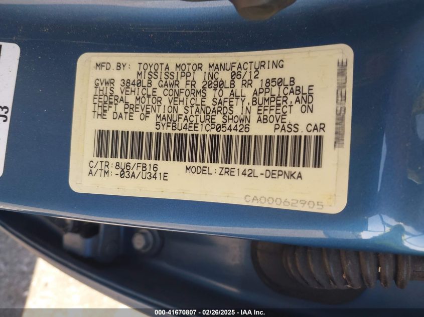 2012 Toyota Corolla Le VIN: 5YFBU4EE1CP054426 Lot: 41670807