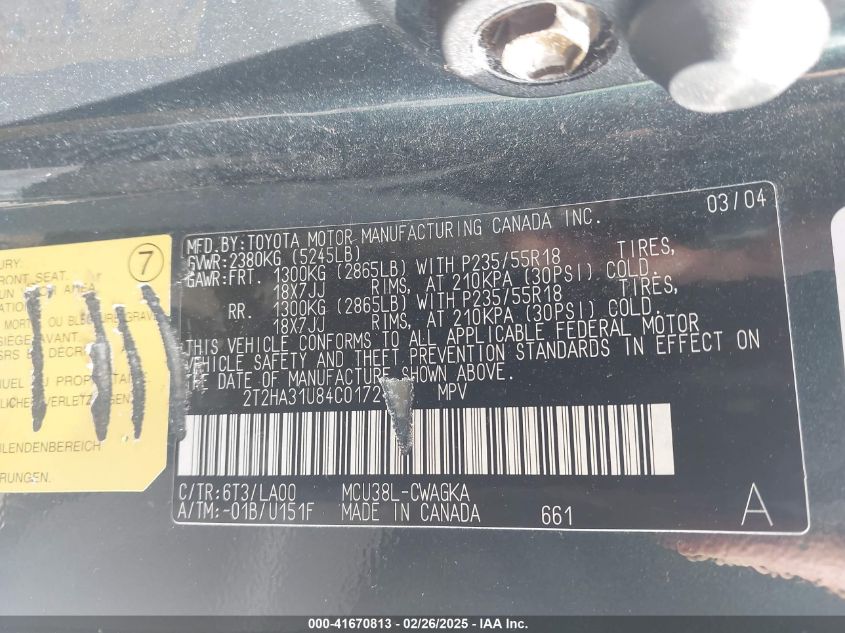 2004 Lexus Rx 330 VIN: 2T2HA31U84C017249 Lot: 41670813