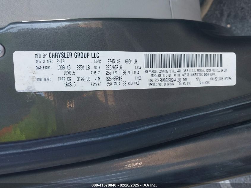 2010 Dodge Grand Caravan Se VIN: 2D4RN4DE2AR244166 Lot: 41670848