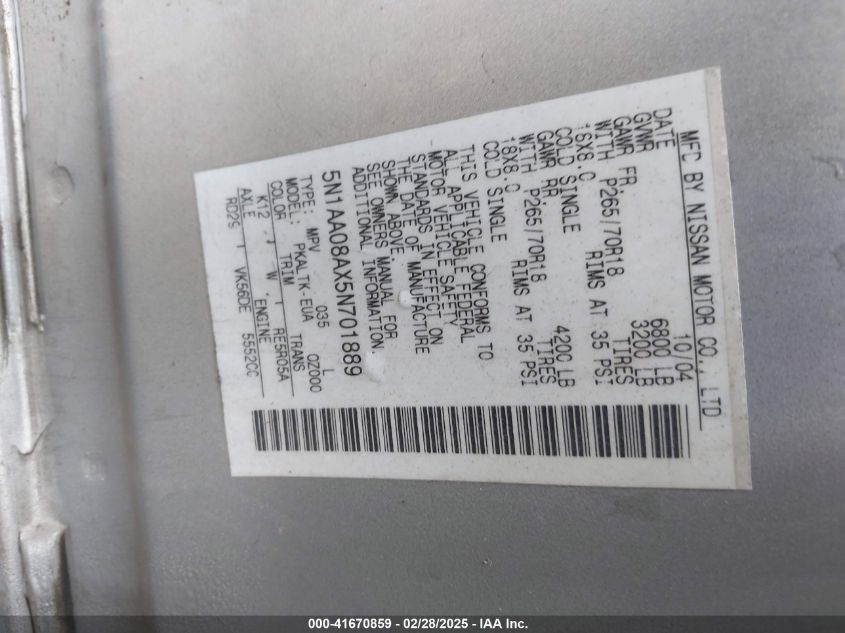 2005 Nissan Armada Se VIN: 5N1AA08AX5N701889 Lot: 41670859