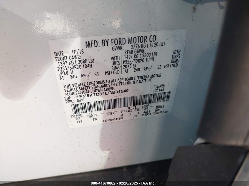 2014 FORD EXPLORER VIN: 1FM5K7D81EGB01549