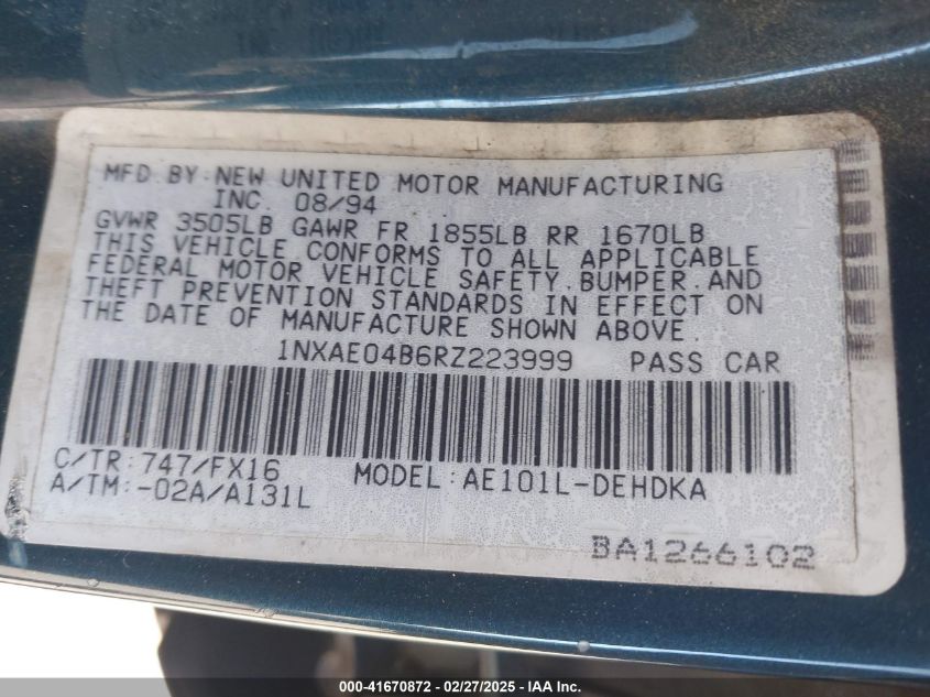 1994 Toyota Corolla VIN: 1NXAE04B6RZ223999 Lot: 41670872