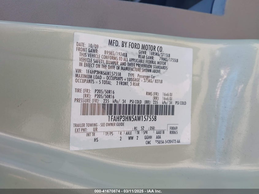 2010 FORD FOCUS VIN: 1FAHP3HN5AW157558