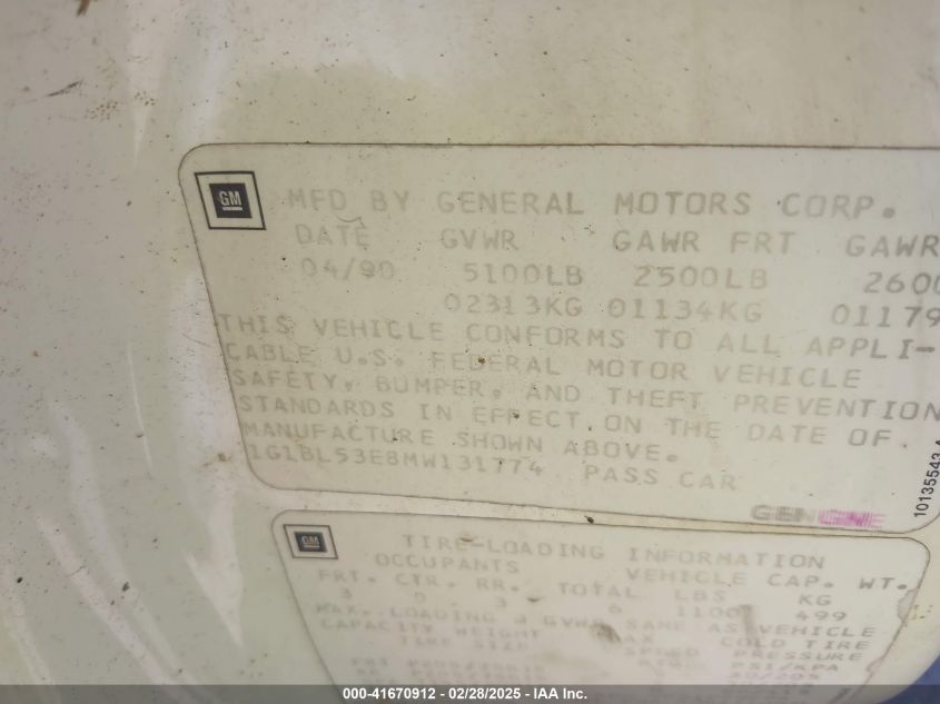 1991 Chevrolet Caprice VIN: 1G1BL53E8MW131774 Lot: 41670912