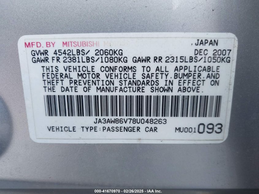 2008 Mitsubishi Lancer Evolution Gsr VIN: JA3AW86V78U048263 Lot: 41670970