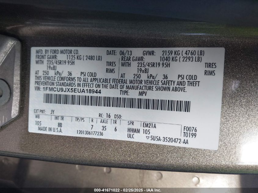 2014 Ford Escape Titanium VIN: 1FMCU9JX5EUA18944 Lot: 41671022