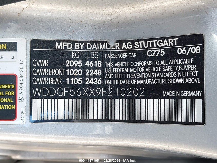 2009 MERCEDES-BENZ C 350 VIN: WDDGF56XX9F210202