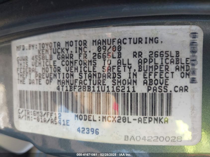 2001 Toyota Avalon Xl VIN: 4T1BF28B11U116211 Lot: 41671061