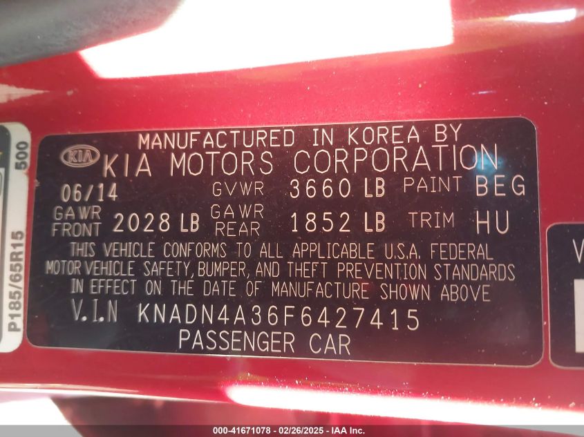 2015 Kia Rio Ex VIN: KNADN4A36F6427415 Lot: 41671078