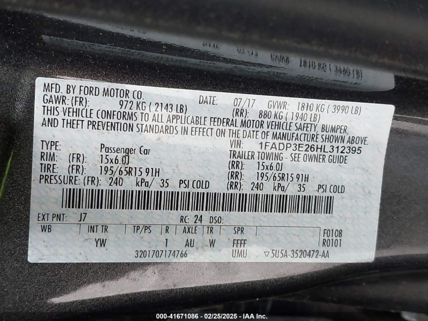 2017 Ford Focus S VIN: 1FADP3E26HL312395 Lot: 41671086