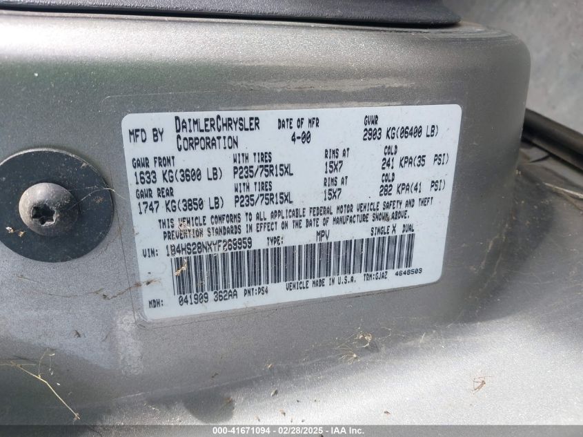 2000 Dodge Durango VIN: 1B4HS28NXYF269959 Lot: 41671094