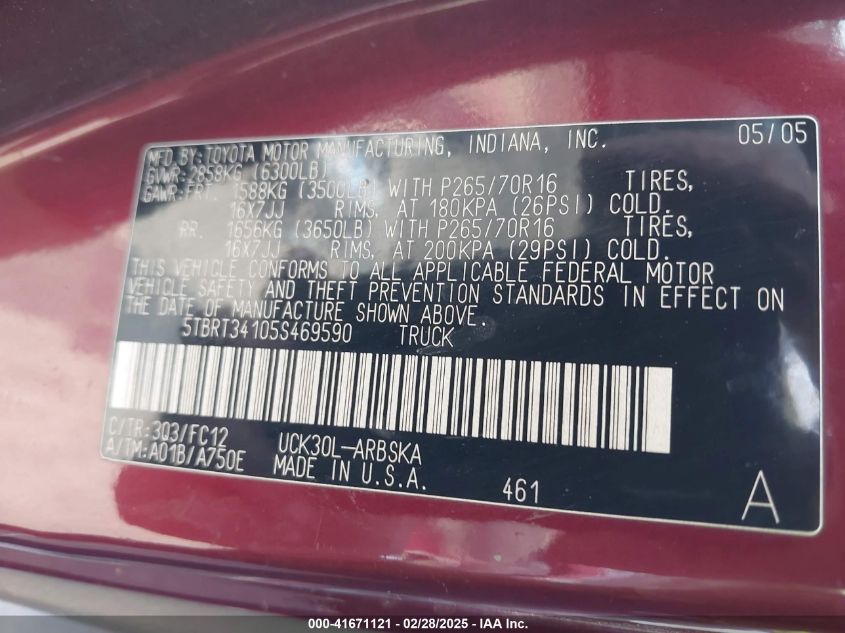 2005 Toyota Tundra Sr5 V8 VIN: 5TBRT34105S469590 Lot: 41671121