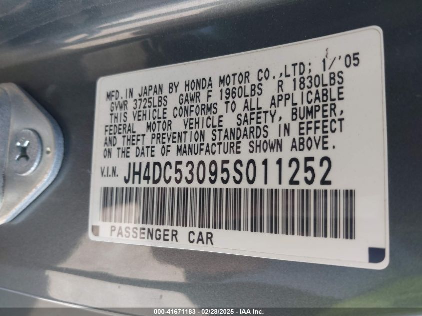 2005 Acura Rsx Type S VIN: JH4DC53095S011252 Lot: 41671183