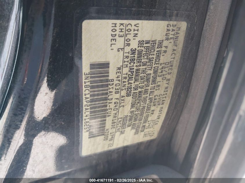 2010 Nissan Versa 1.8S VIN: 3N1BC1AP2AL418259 Lot: 41671191