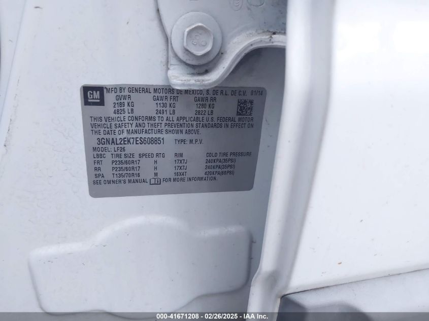 2014 Chevrolet Captiva Sport 2Ls VIN: 3GNAL2EK7ES608851 Lot: 41671208